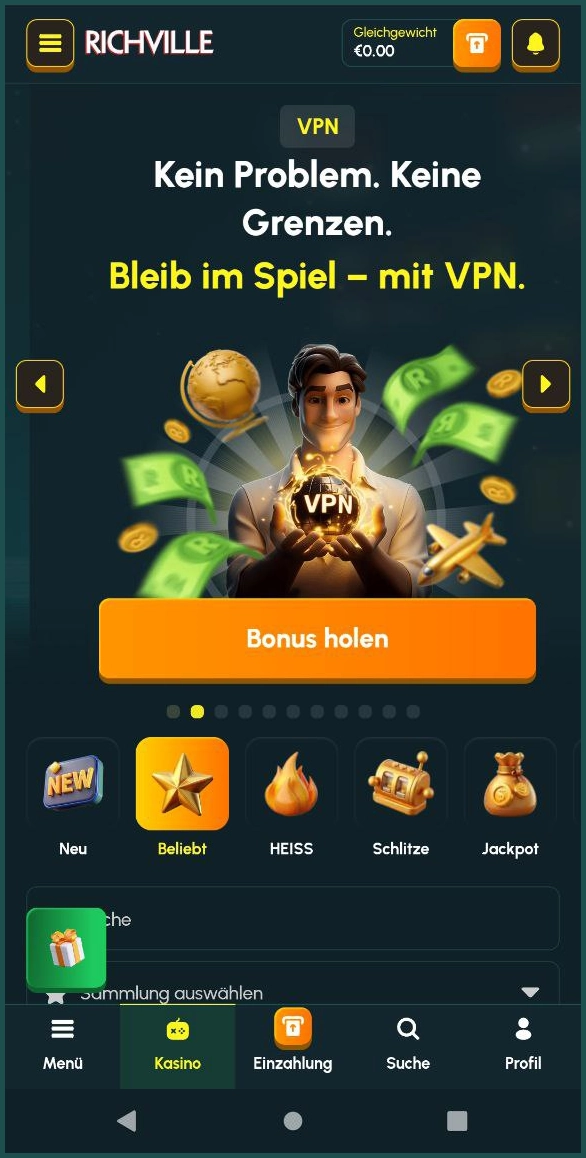 Überblick zur Hauptnavigation von Richville Casino